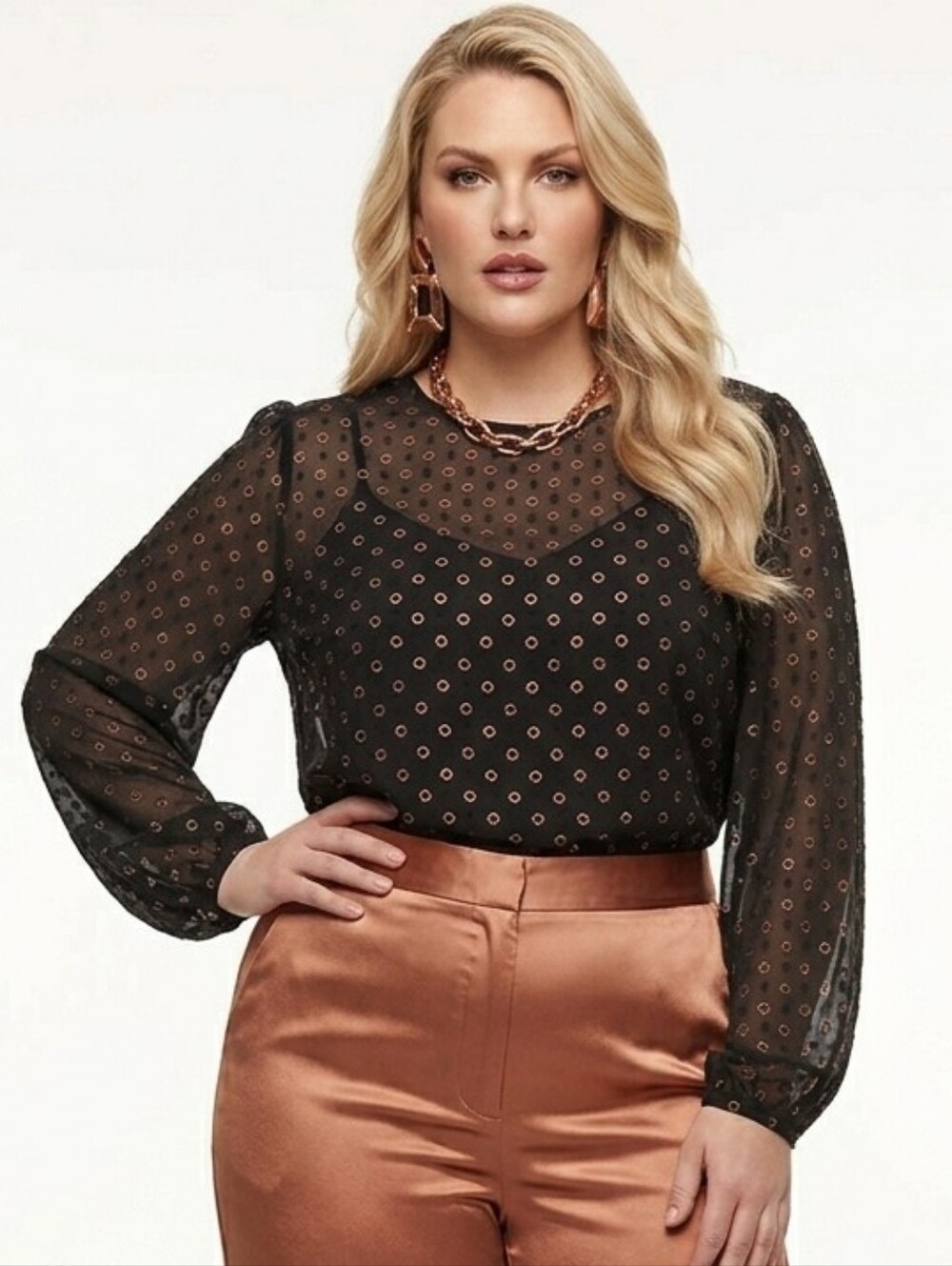 XXL a new day black Sheer Blouse Gold Polka Dots Plus Size